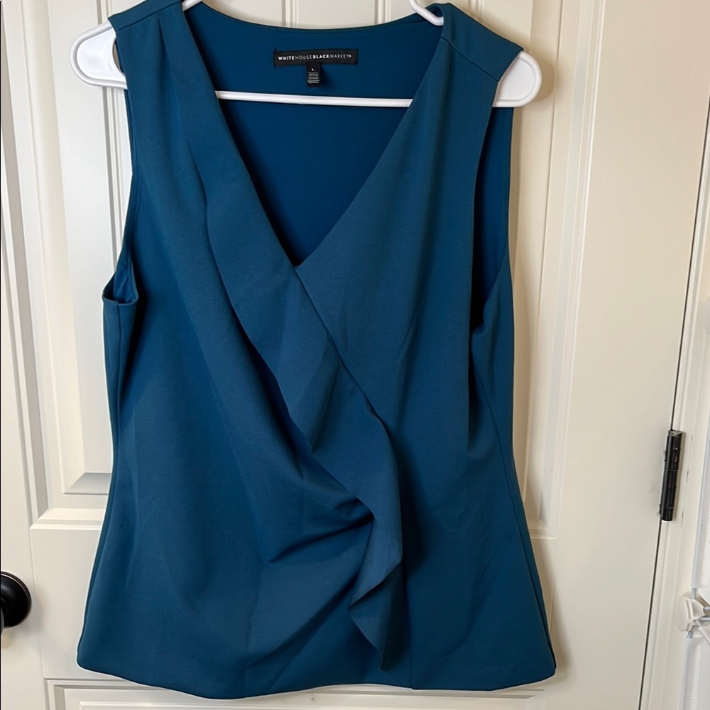 White House Black Market Teal Sleeveless Ruffle V-Neck Blouse